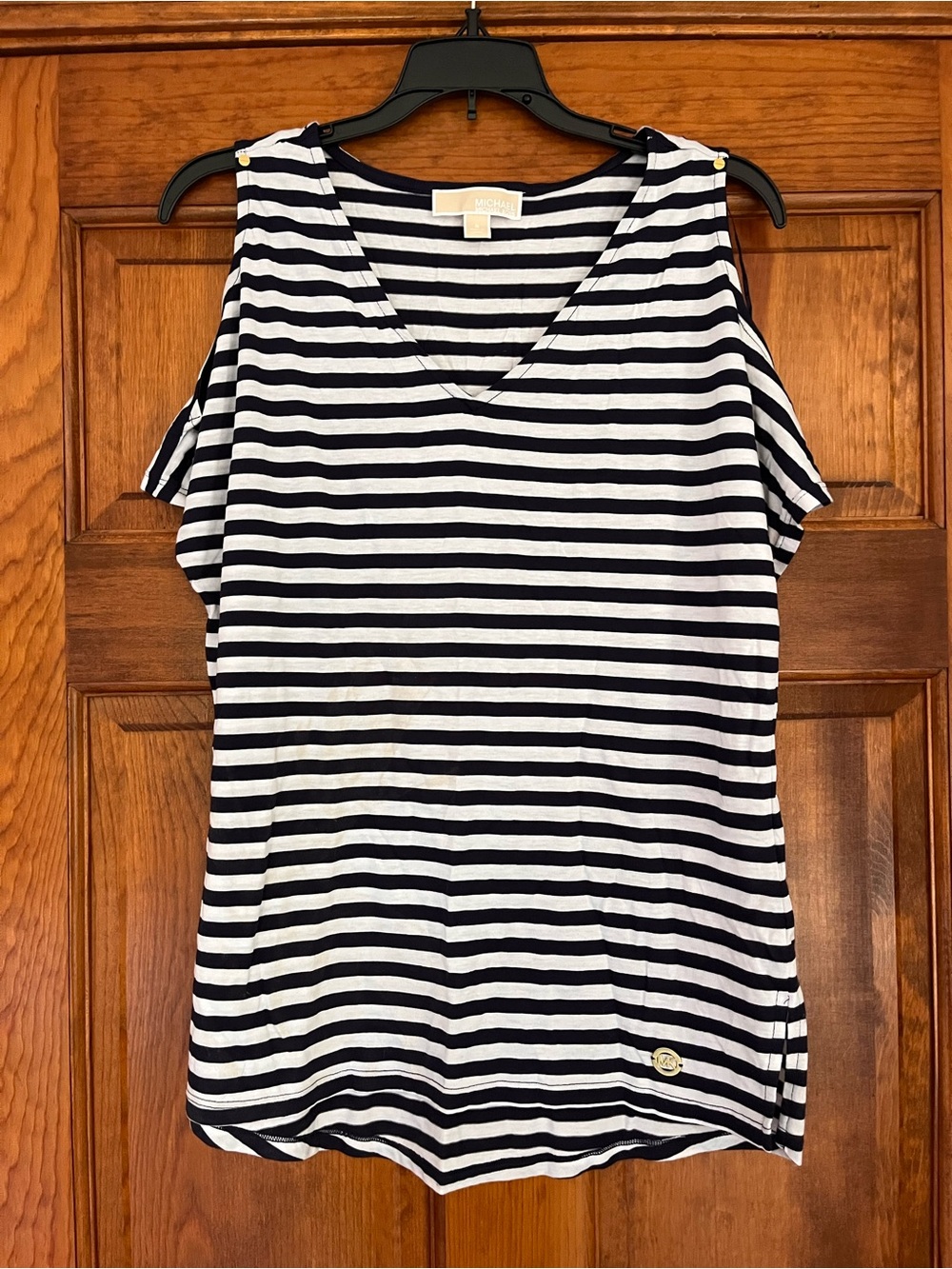 MICHAEL Michael Kors Black & White Striped Cold-Shoulder V-Neck Tee